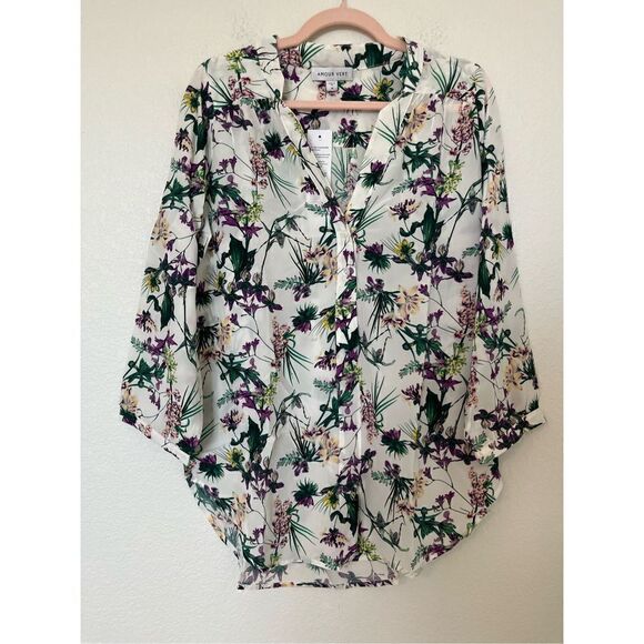 New Amour Vert White Amy Tropez Floral 100% Silk Blouse - Picture 1 of 6